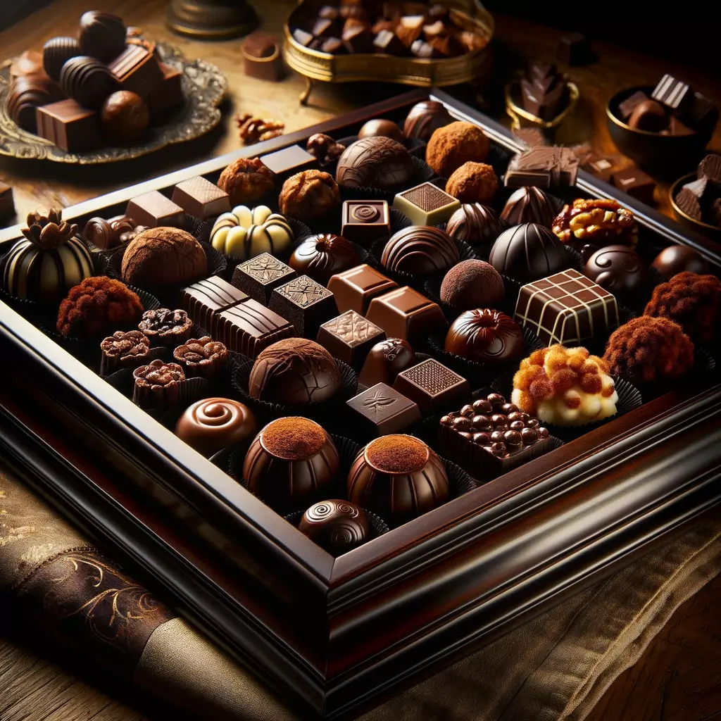 Un surtido lujoso de chocolates finos presentados en una elegante caja negra, que incluye una variedad de trufas, pralinés y chocolates decorados con patrones intrincados, reflejando la diversidad y riqueza de las creaciones de chocolate exhibidas en el Salón del Chocolate.