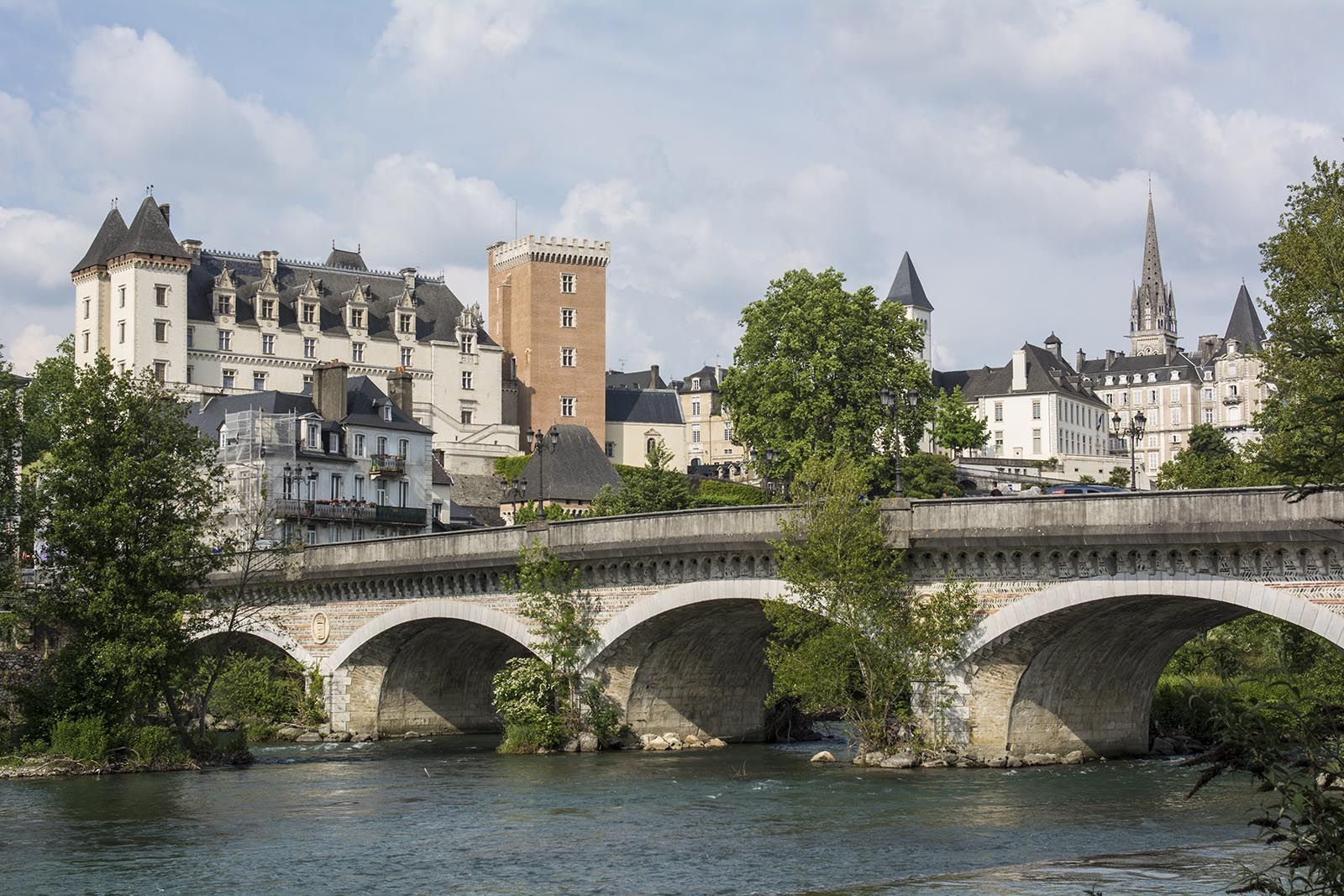 Pau mit alter Brücke über und Gebäuden