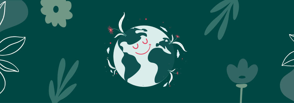 Stilisierte Illustration, die nachhaltigen Tourismus auf Appart'City bewirbt, mit einer lächelnden Erde umgeben von funkelnden Sternen, Blatt- und Blumenmustern in Grün- und Weißtönen auf einem dunkelgrünen Hintergrund.