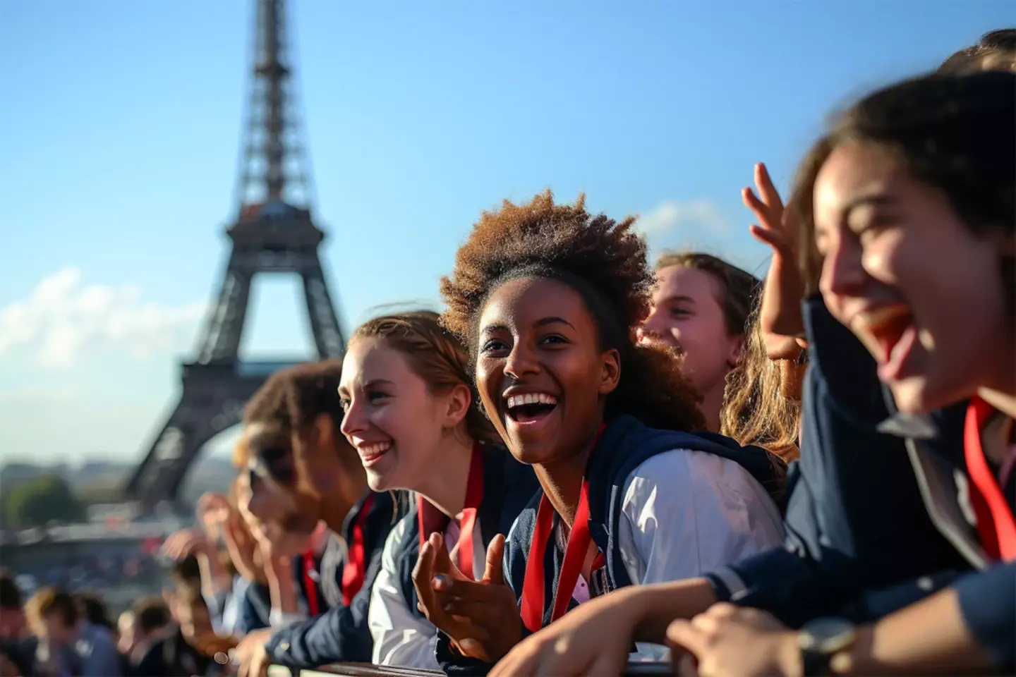 Aficionados entusiastas animando en un evento emblemático, con la Torre Eiffel de fondo, simbolizando la emoción alrededor de los principales eventos deportivos en Francia en 2024.