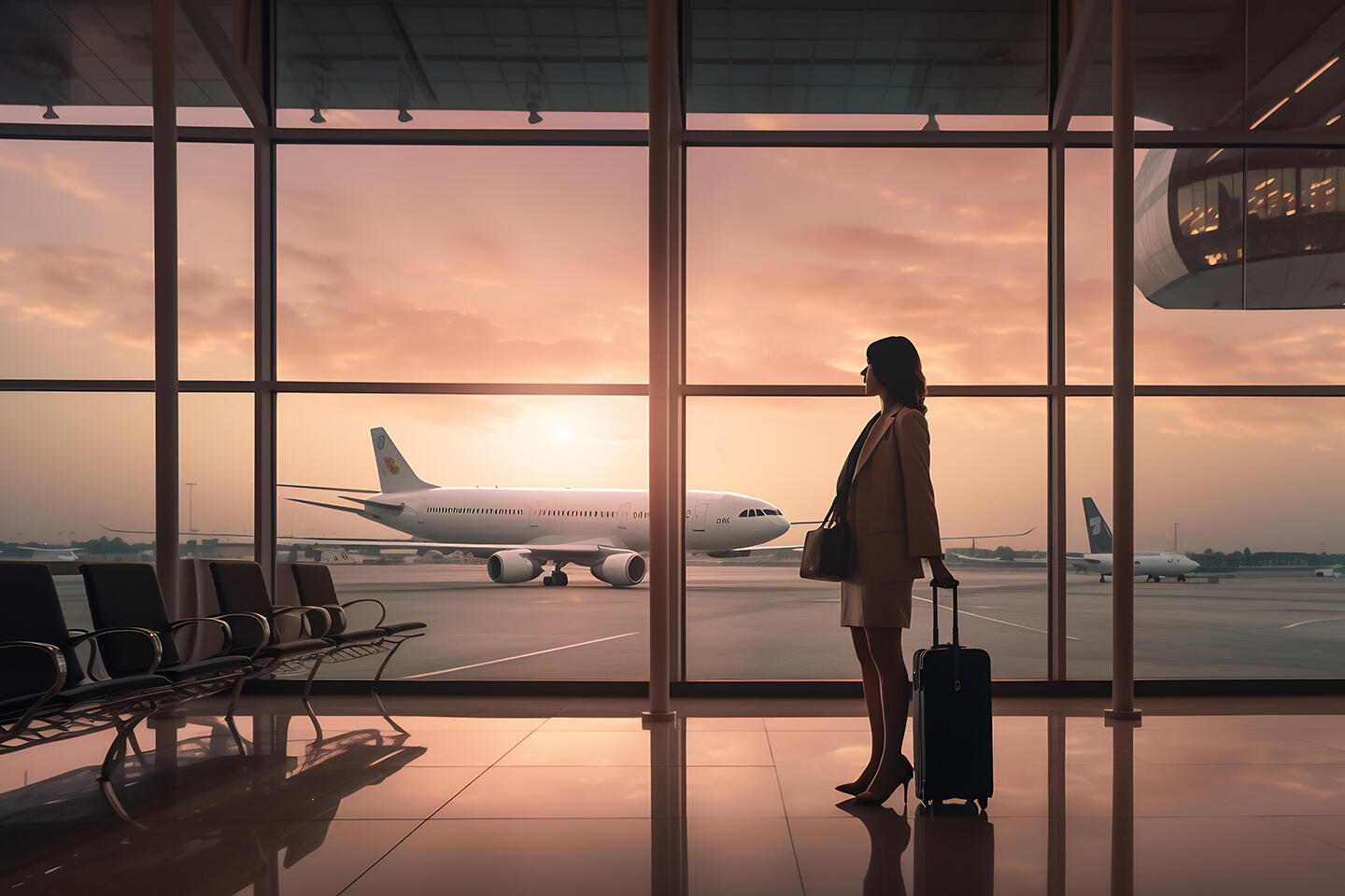 Geschäftsfrau wartet am Pariser Flughafen Charles de Gaulle auf ihren Flug, Koffer an ihrer Seite, Blick durch die Glasscheiben des Terminals auf die Flugzeuge in der Abenddämmerung.