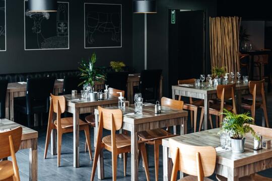 Elegantes Interieur des Restaurant Bistrot City Lyon Cité Internationale mit Holztischen und passenden Stühlen, gestreiften Tischsets, Wassergläsern und dekorativen Grünpflanzen, unter gedämpfter Beleuchtung mit gerahmten abstrakten Kunstwerken an den Wänden.