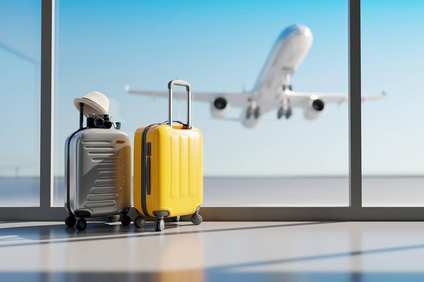 Luggage at Geneva Airport with a plane taking off in the background seen through a window