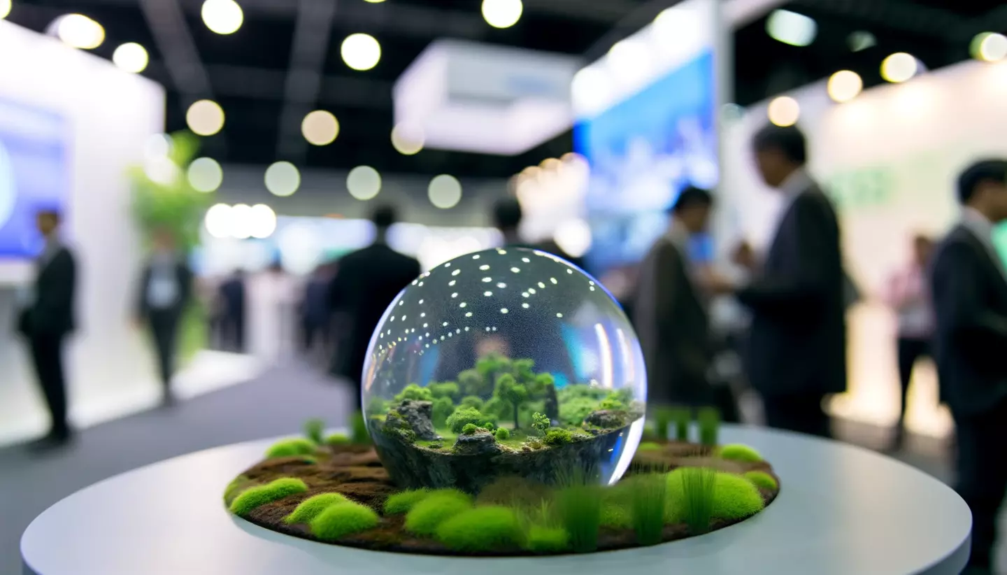 Exposición de feria comercial con una esfera de vidrio transparente que muestra un paisaje en miniatura detallado sobre una mesa redonda, con visitantes desenfocados en el fondo discutiendo en un salón de exposiciones bien iluminado.