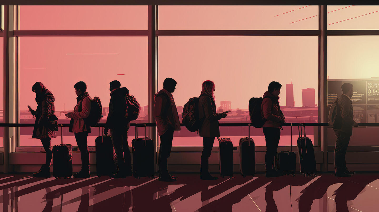 Siluetas de pasajeros con equipaje en el aeropuerto de Lille, contra una ventana al atardecer, la atmósfera de un viaje.