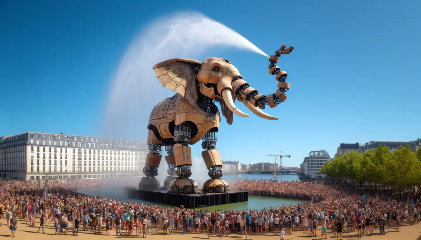 Una multitud observa a un elefante mecánico gigante rociando agua con su trompa en una plaza pública de Nantes bajo un cielo claro y soleado.