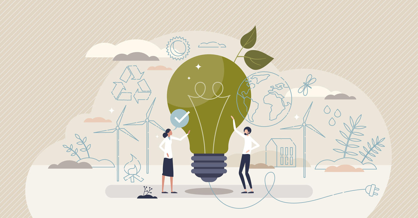 Illustration sur la durabilité et l'énergie verte avec des éoliennes, un globe, des feuilles et une ampoule représentant des idées écologiques, accompagnés de personnages impliqués dans la protection de l'environnement.